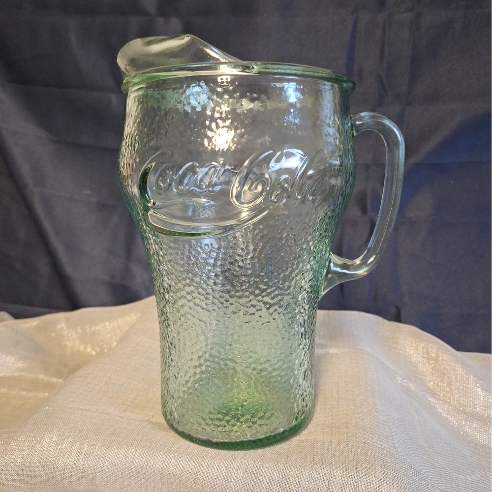 Glass Coca-Cola Coke Pebbled Clear Green Pitcher 64oz Ice Spout Heavy Vintage